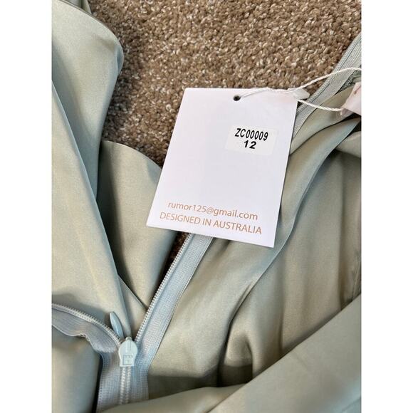 NEW Rumor SLEEK TOUCH SATIN MINI DRESS SAGE halter neck ruffle SZ 12 - Picture 4 of 10